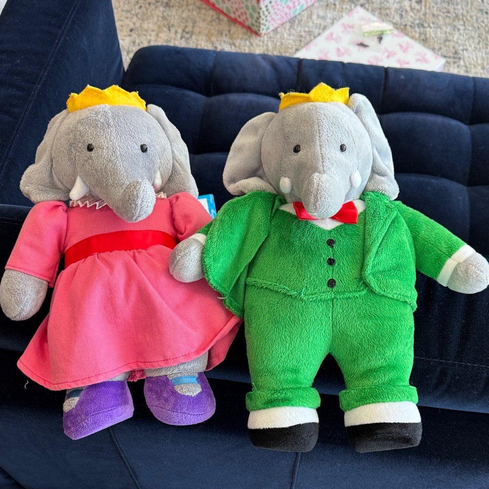Babar Gray Elephant Plush Twin Set in Pink Dress & Green Suit
